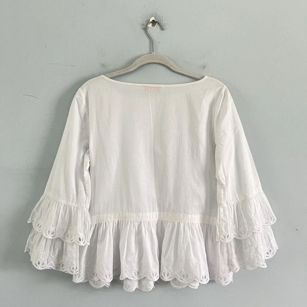 Tory Burch Scallop Hem Eyelet Ruffle White Cotton Blouse
